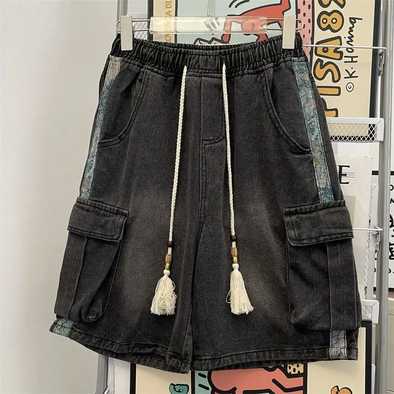 

American Retro Style Multi-Pocket Utility Denim Shorts for Men Summer Thin Loose Fit Chinese Inspired Trendy Knee-Length Casual