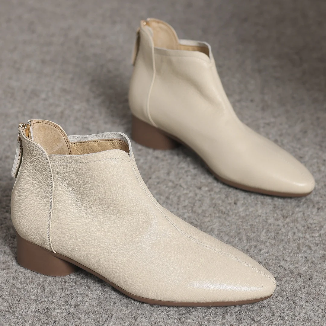 Damskie buty z owczej skóry ze szpiczastym noskiem i zamkiem błyskawicznym z tyłu jesienne botki wysokiej jakości miękkie wygodne przyczynowe damskie krótkie botki