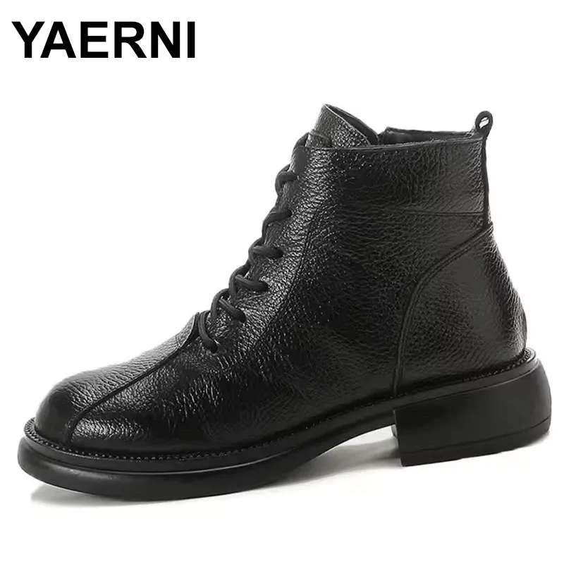 

Autumn New Cowhide Mid-Heel Soft-Soled Women's Short Boots Retro Casual Leather Boots Warm Women's Cotton Shoes