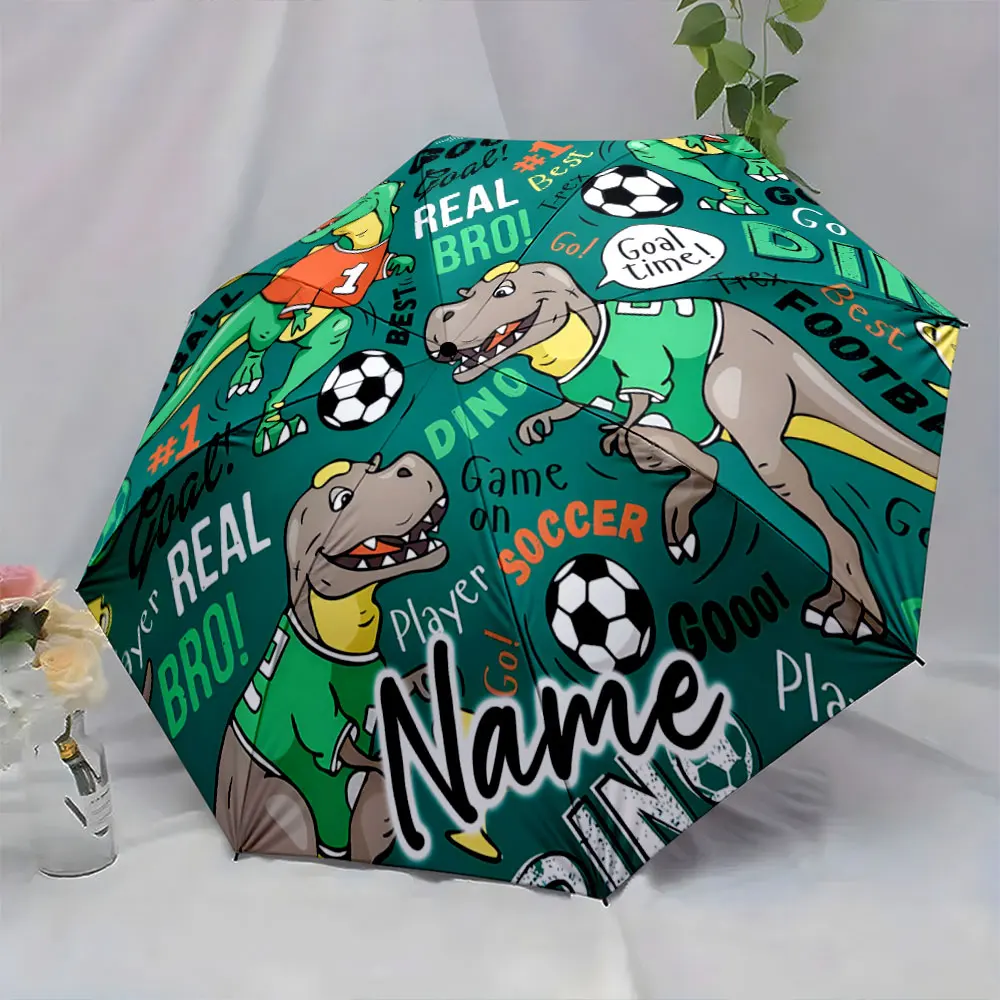 Custom Name  Dinosaur Playing Soccer Umbrella Design for Kids Print 8 Iron Ribs Folding Umbrella Auto-Open Fashion Sunshade