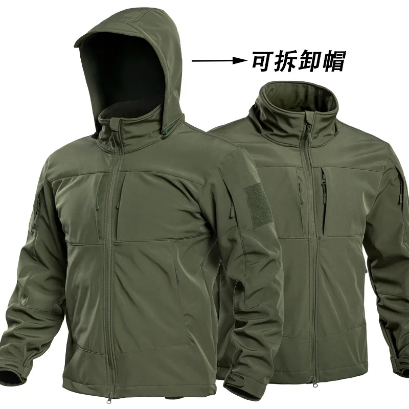 Men's-Shark-Skin-Softshell-Jacket,-Fleece-Lined,-Removable-Hood,-Multi-Pocket-Outdoor-Hiking-Windbreaker