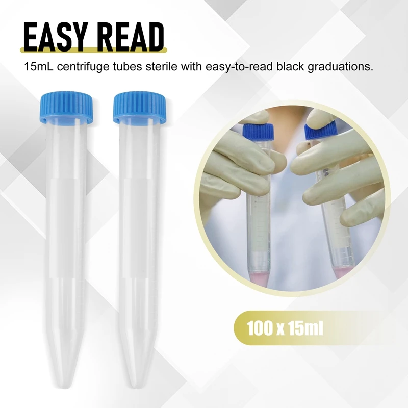 100Pcs Conical Centrifuge Tubes 15mL with Screw Caps, Graduated and Write Marks Lab Test Container