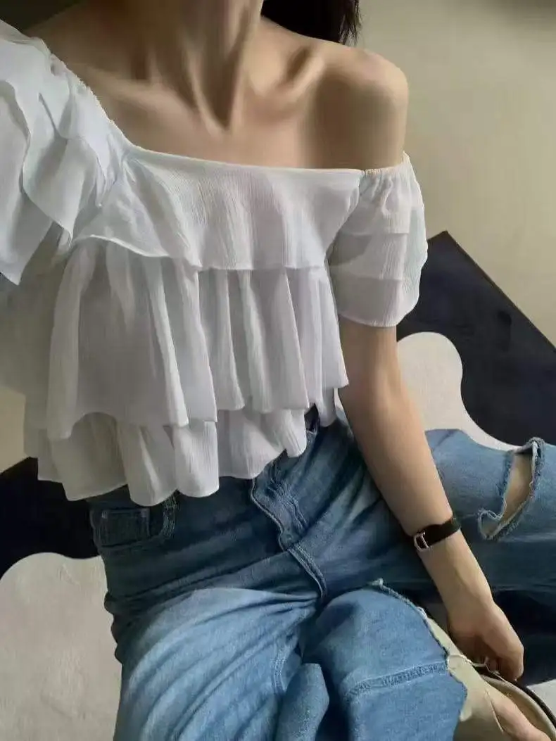 

Puff Sve ort irt Женский свободный воротник для похудения Sweet oulder Многослойный плиссированный топ с колючками Модный высокий ...