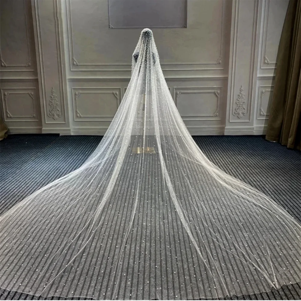 Luxury 1Tier Wedding Veil With Pearls Long Bridal Veil with Comb Scattered Dense Pearls Gorgeous Mantilla Cathedral Custom Veil