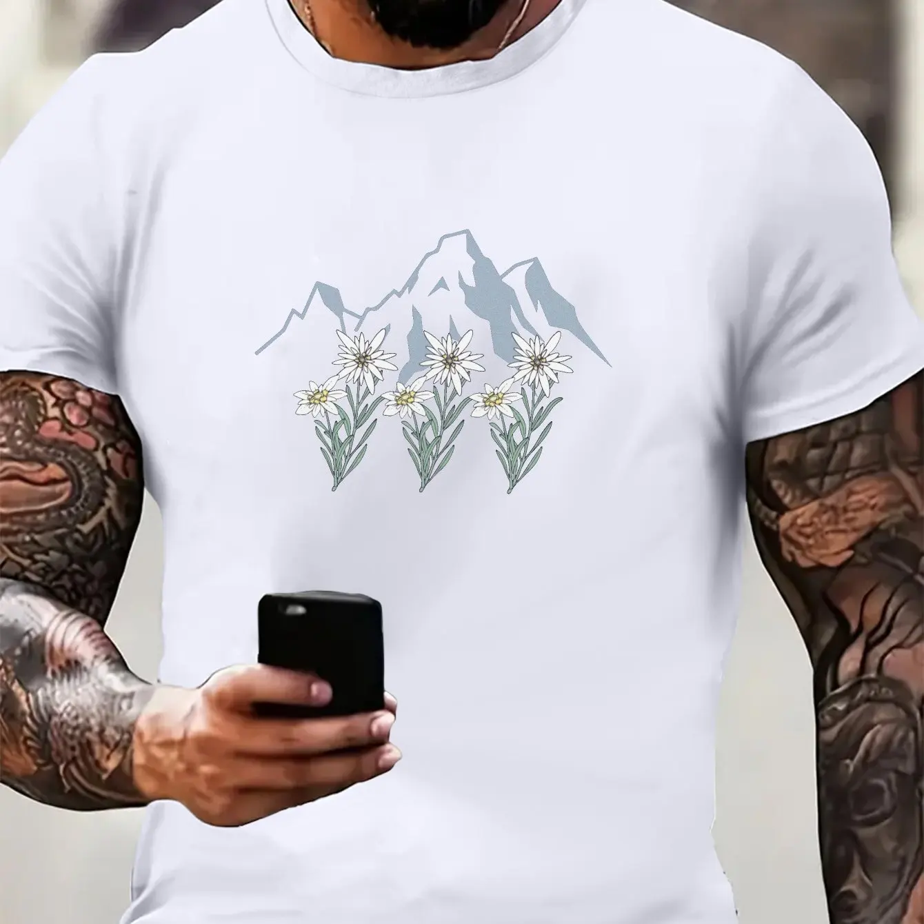 Men'S Short-Sleeved T-Shirts Featuring Prints of The Edelweiss Flower Inspired By The Swiss Alps in Spring and Summer