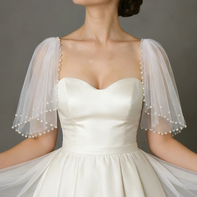 Elegant Pearl Tulle Shoulder Cape Fake Sleeves Bridal Wedding Evening Prom Party Dress Decoration Arm Covering Shawl Wrap
