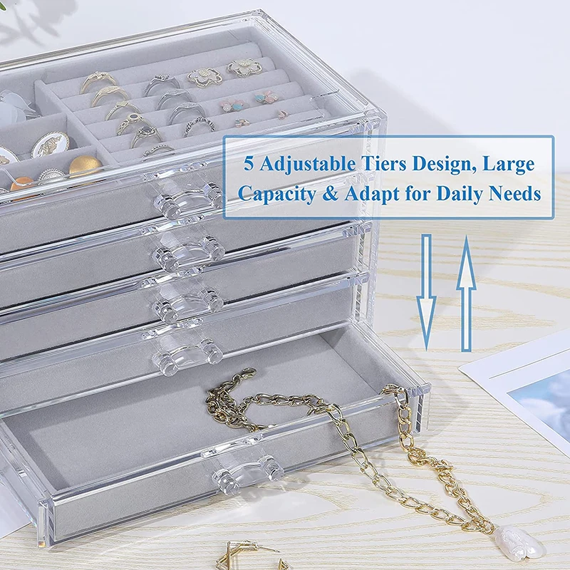 5 Drawers Multi Layer Acrylic Jewelry Organizer for Girl Earrings Display Transparent Jewelry Case Plastic Storage Container