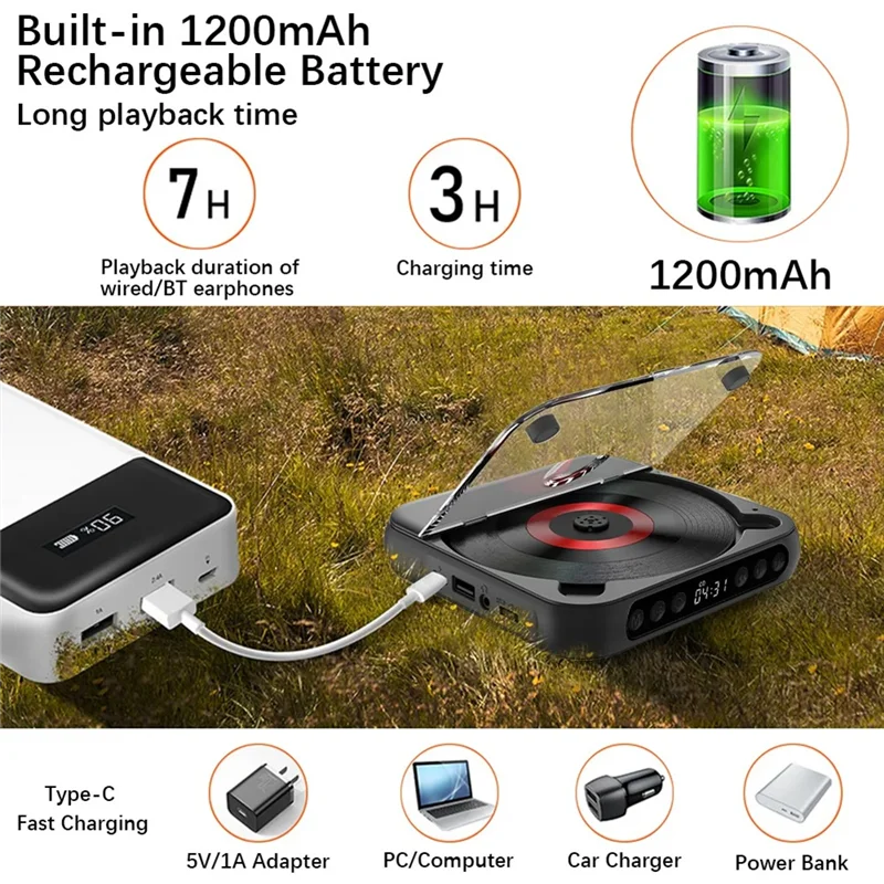 A73E-KC-918 CD Player Portable BT Music Player Runner Dustproof Cover 6 Modes Remote Control External Playback HIFI Sound