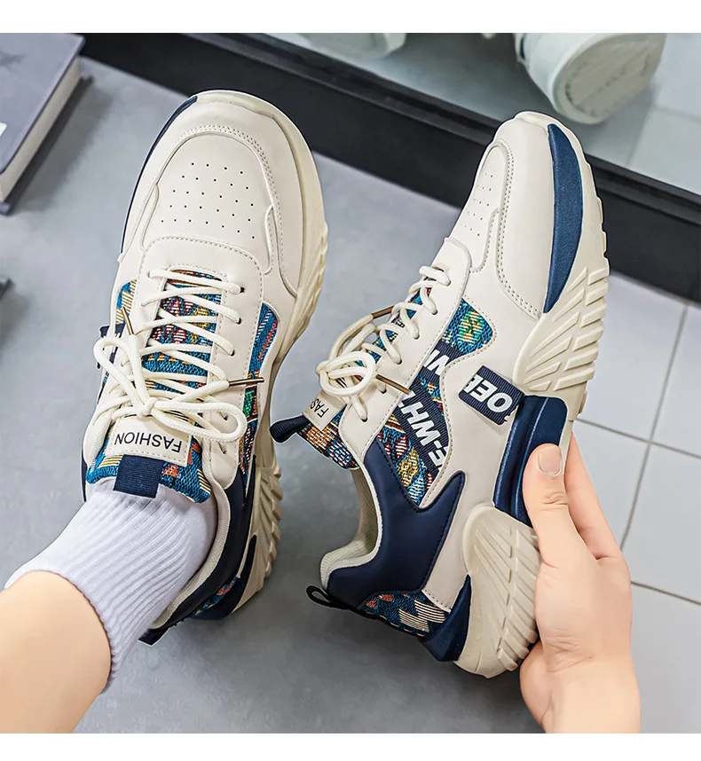 Streetwear Cream Navy Ethnic Woven Platform Sneakers Leather Pat Anti Slip Teen Daily Training Sports Casual Shoes