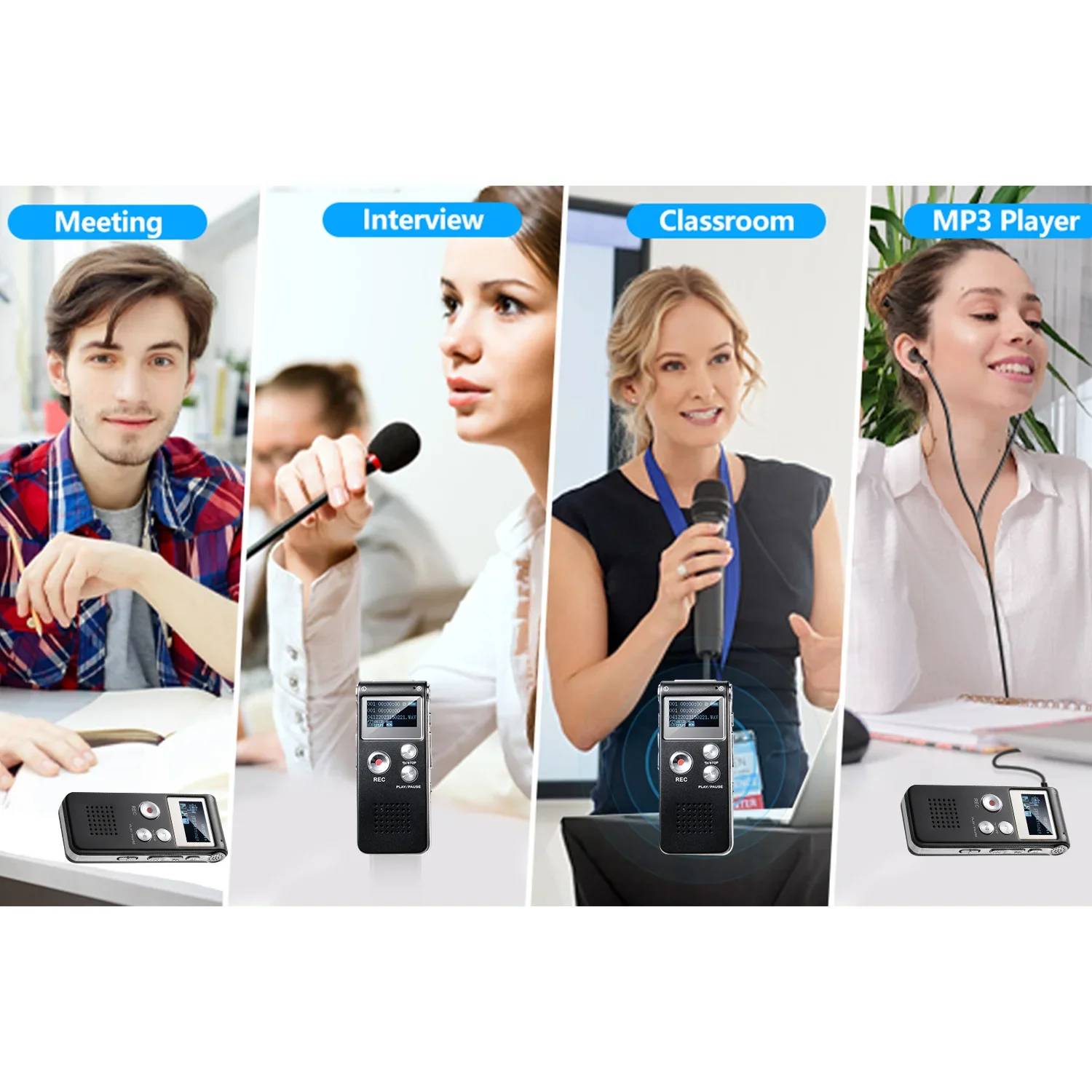 مسجل صوت رقمي 8 جيجابايت/16 جيجابايت/32 جيجابايت مسجل صوت صغير احترافي مشغل MP3 محرك فلاش USB مناسب للمحاضرات اليومية