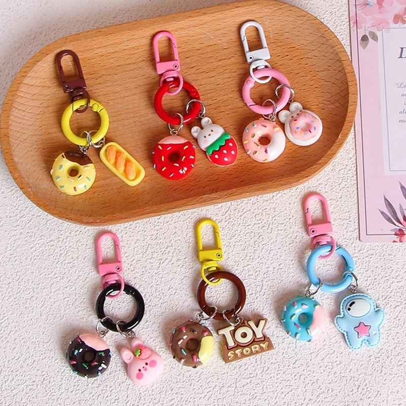 Cute Donut Keychain Bag Pendant Cartoon Colorful Donut Bread Bunny Strawberry Keyring Backpack Charms Car Earphone Decor Gifts