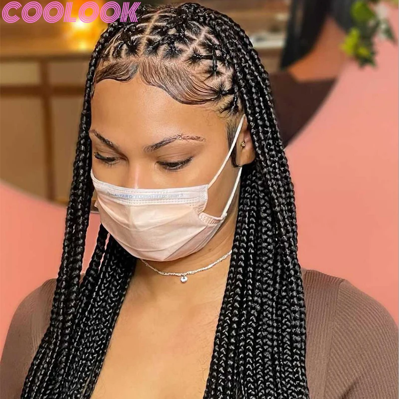 Synthetische 36 ''volle Spitze Box Braid Perücken Criss Cross Distressed lange geflochtene Spitze Frontal Perücken hitze beständige knoten lose Zöpfe Perücke