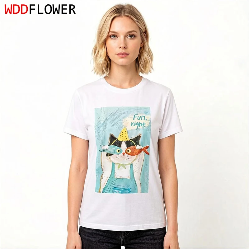 93% Mulberry Silk 7% Spandex Short Sleeve Basic Type Cute Cat Printed Women T-shirt Casual Top Shirt Summer M1600
