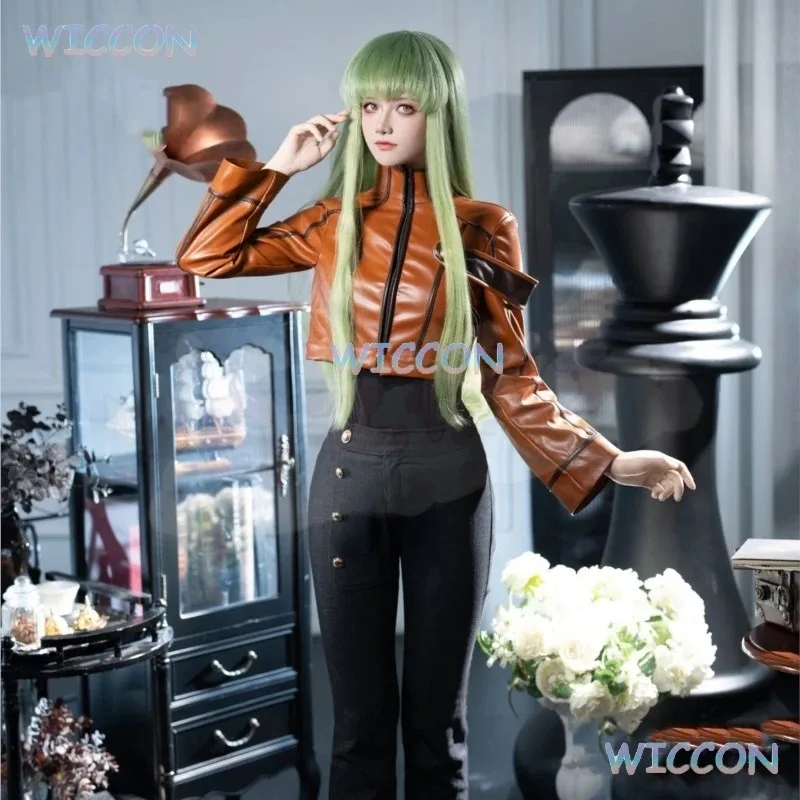 

asdh8@C.C Cosplay Costume Brown Jacket Pants Anime Cosplay Lelouchh C.C Daily Suit Wig Women Costume Halloween Party Roleplay Su