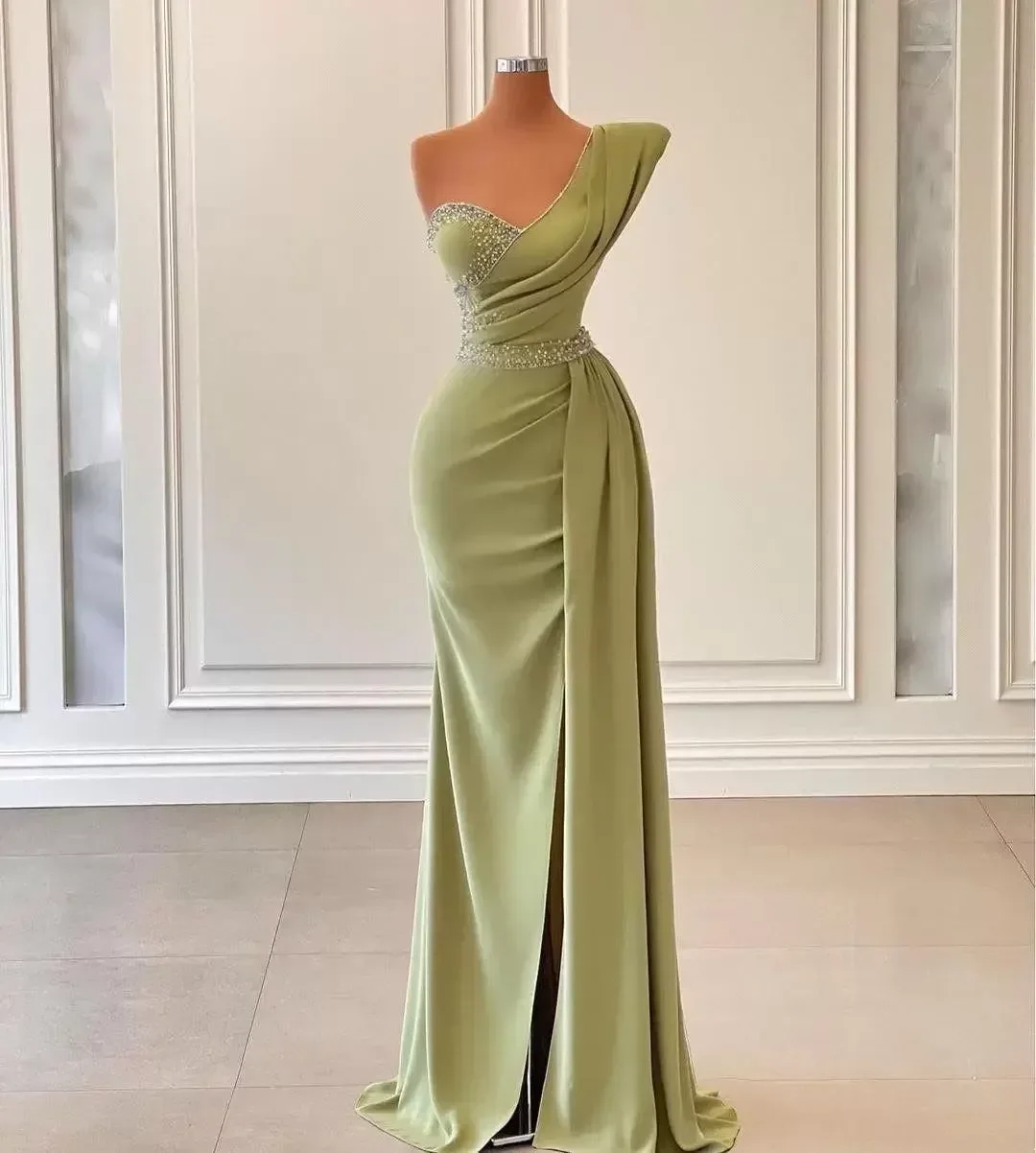 

Green One Shoulder Mermaid Evening Dresses Elegant Beading Ruched Prom Party Formal Gown Long Robe vestidos de noche elegantes