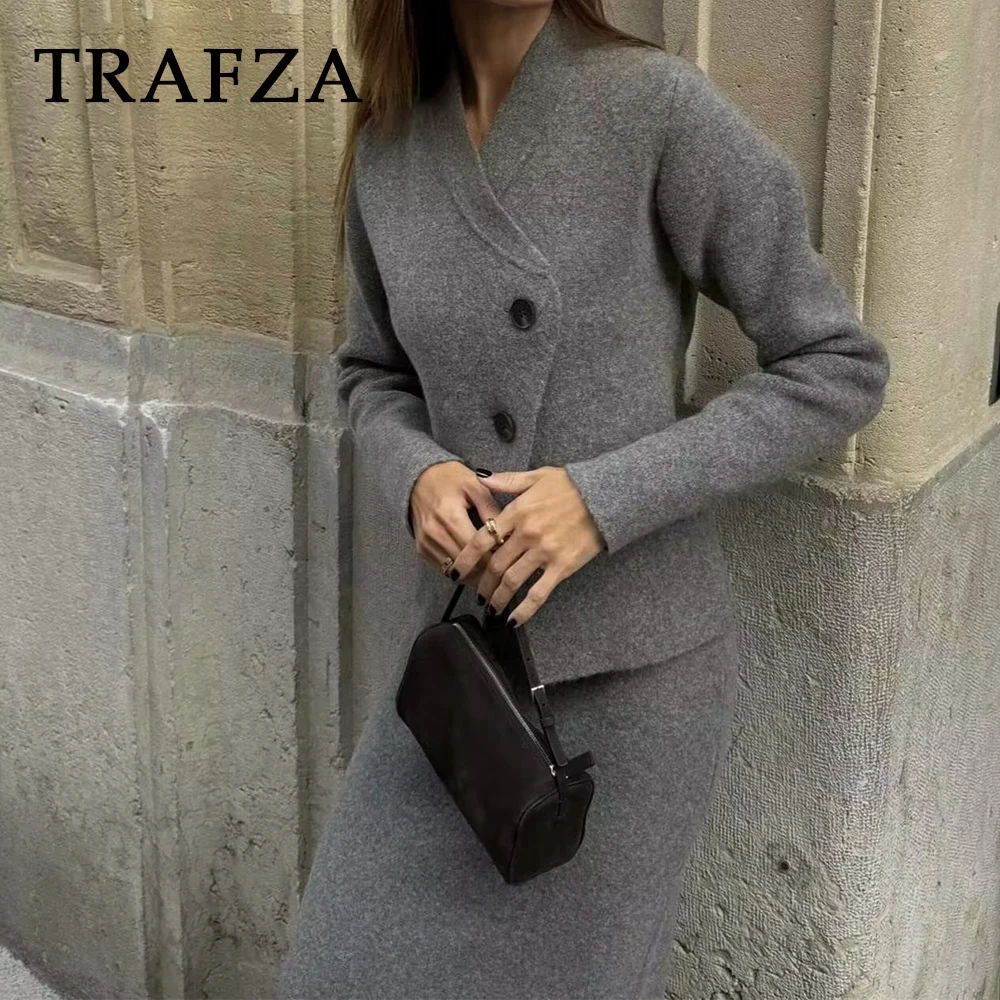 TRAZAF 2023 Autumn Women Vintage Solid Suits Buttons Double-Breasted Cardigans+Sheath Long Vent Skirt Women Casual Fashion Sets