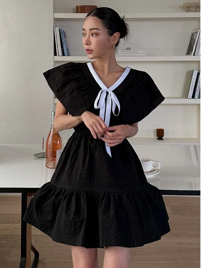 Versatile Large Collar Dress with Lace Trim Universal Fit Unique Design Spring Autumn Winter Fashion Korean Style Women's Dress