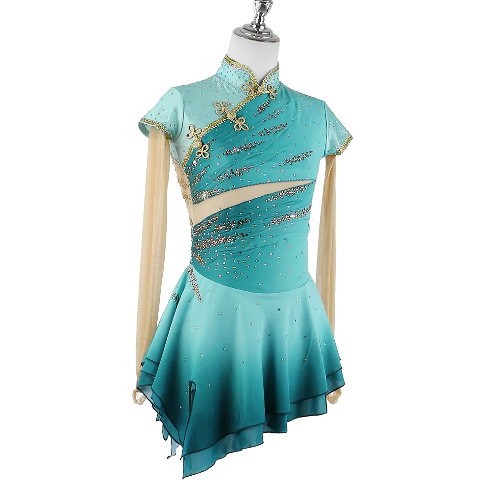 Zagitova Eiskunstlaufkleid für Damen und Mädchen, Mintgrün, Eislaufrock, Cheongsam, Leistungswettbewerb, Kostüm im chinesischen Stil
