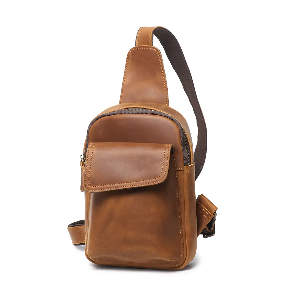 Vintage Leather Chest Bag for Men, Crazy Horse Leather Crossbody Bag with Large Capacity for Mobile Phone