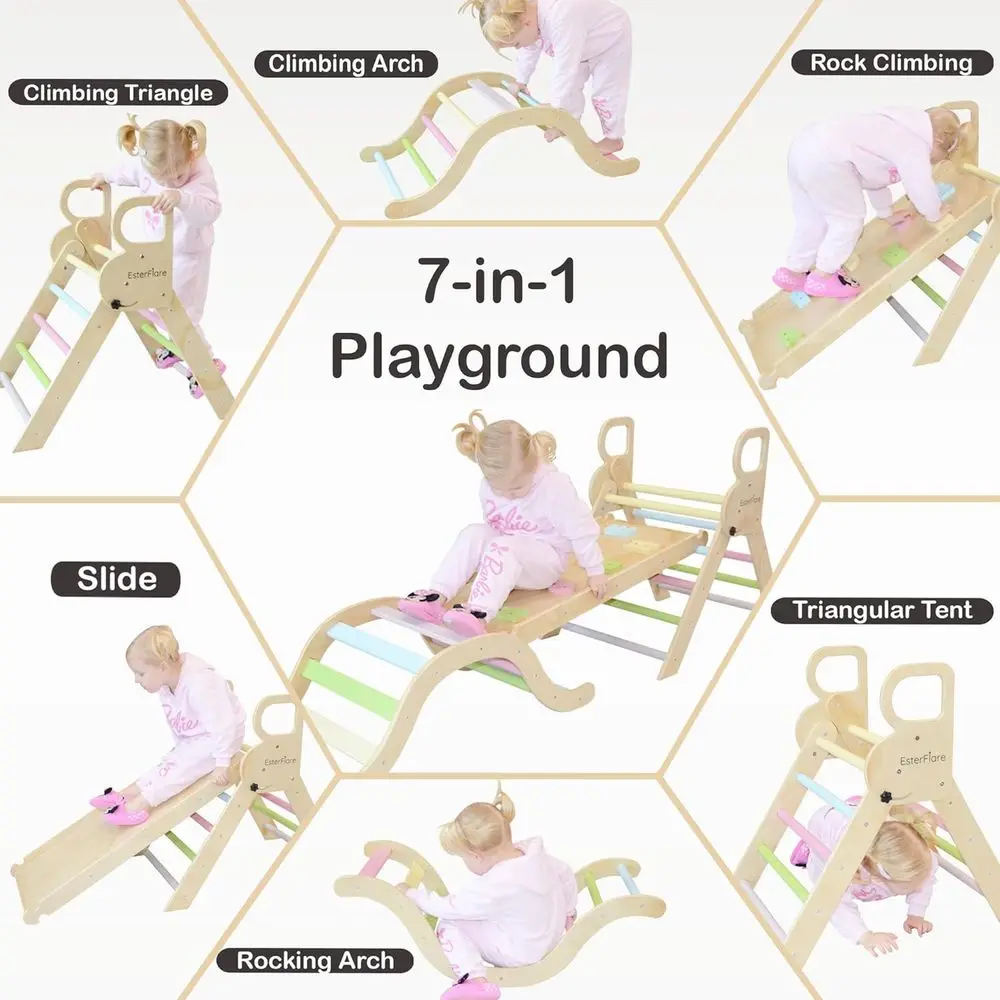 Ensemble Triangle Pikler 7 en 1, jouets d'escalade pour tout-petits, salle de sport dans la Jungle intérieure Montessori avec toboggan, arc, rampe et échelle, en bois I
