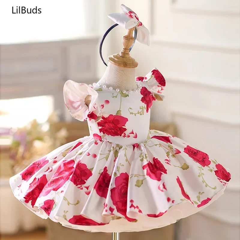 2024 Children One Year Old Party Dress New Rose Series Clothes Elegant Princess Flying Sleeve High-Grade Satin Girls Dresses