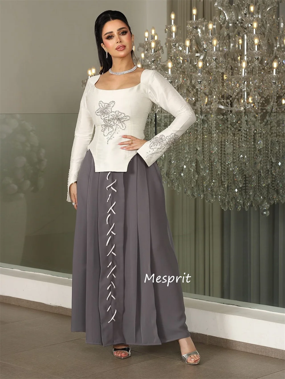 Customized Modern Style Charmeuse Pleat Sequined A-line Square Neck Long Bespoke Occasion Prom Dresses Matching