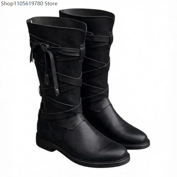 Men Vintage Medieval Cosplay Knee High Boots Faux Leather Wrap Strap Tassel Design Renaissance Pirate Stage Party Footwear