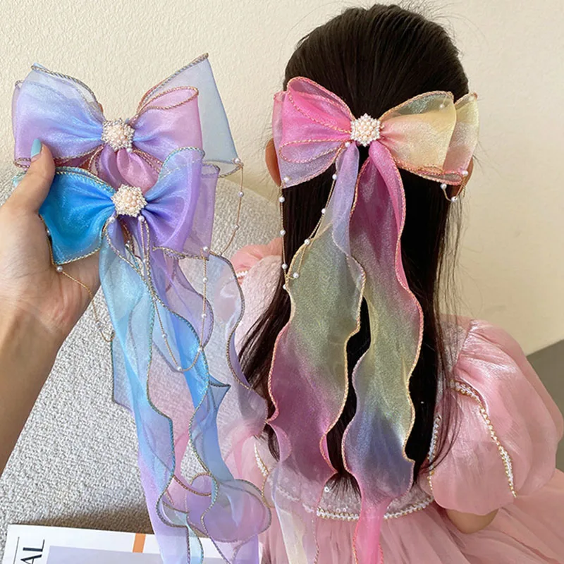 Putri gadis dikepang jepit rambut mutiara rumbai jepit rambut gradien pita busur klip rambut anak Streamer tenun hiasan kepala hiasan kepala