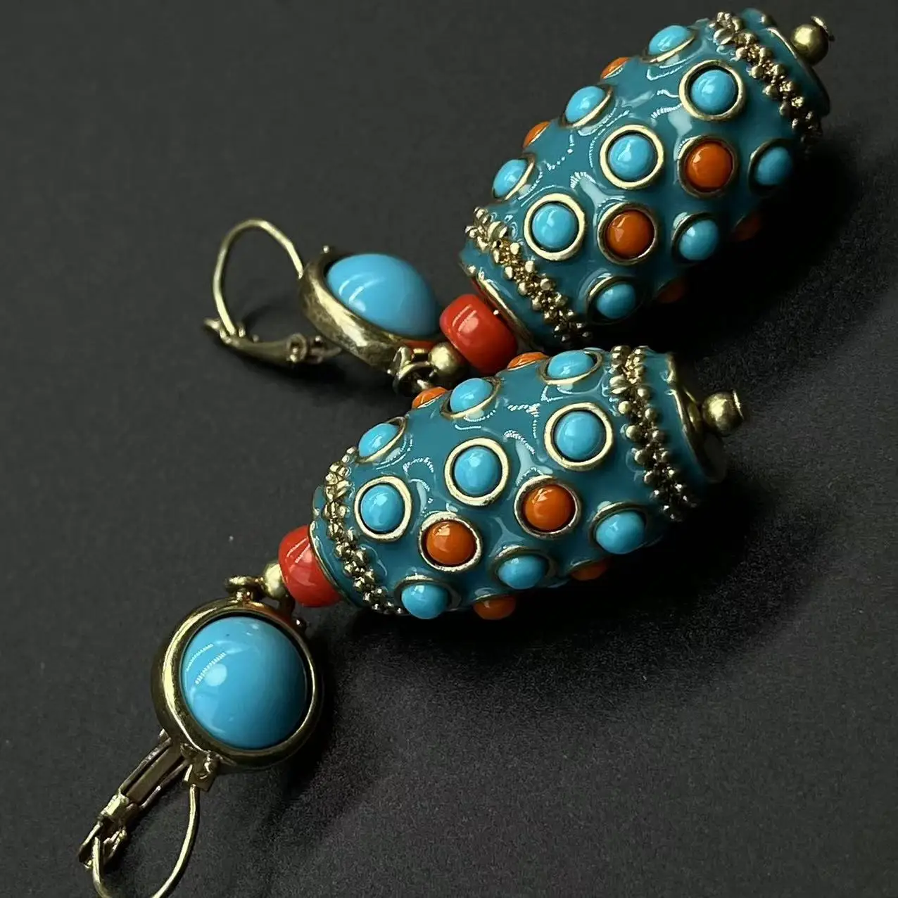 Vintage Western Retro Inlaid Nepalese Turquoise Thangka Earrings Heavy KJL Marking Ear Buckles