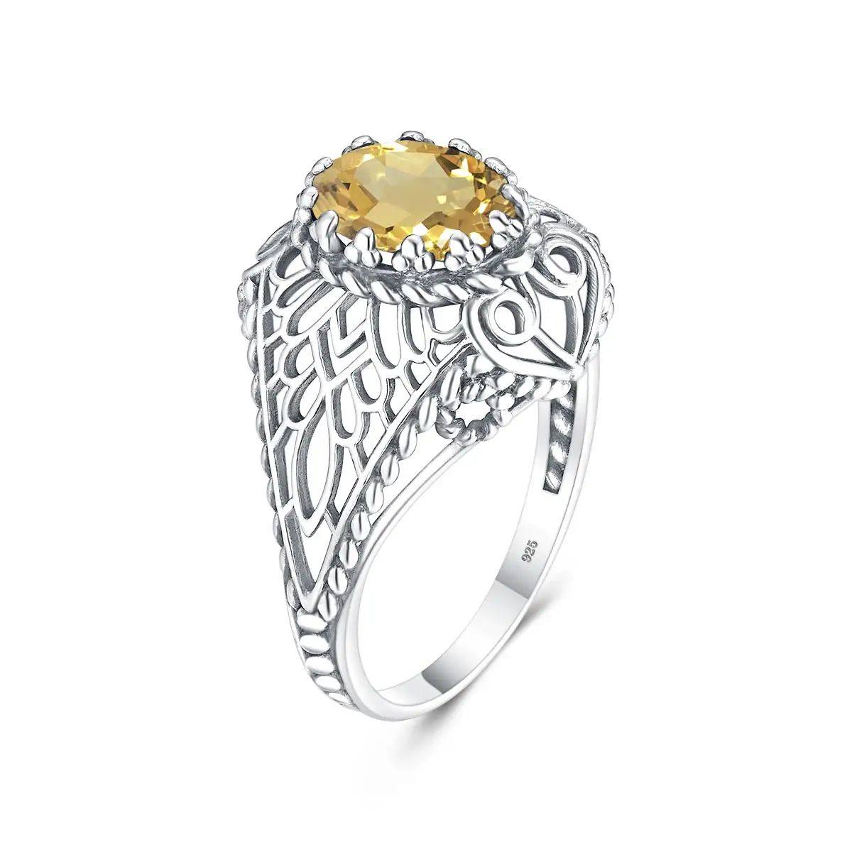 925 Sterling Silver Natural Citrine Ring Vintage Filigree Oval Yellow Crystal Gemstone Statement Ring for Women Fine Jewelry Gif