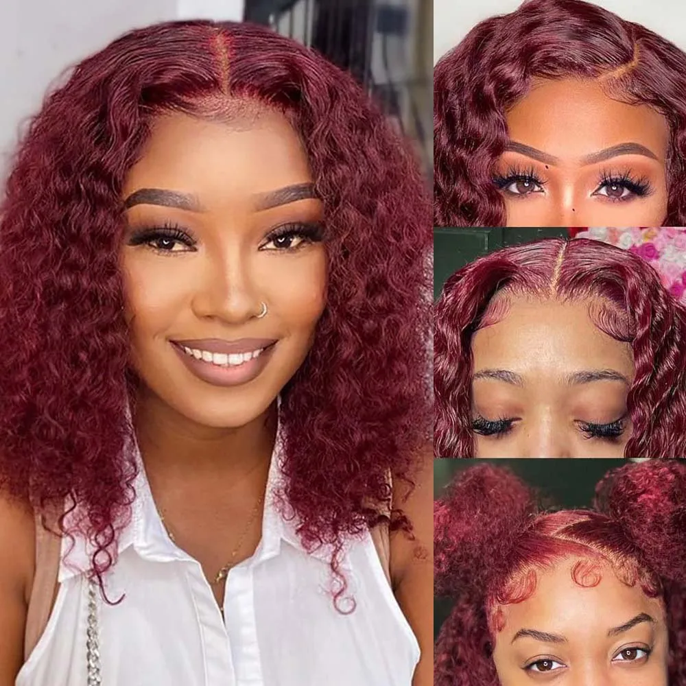 99J Burgundy Colored Short Water Wave Bob Wigs 13x4 Lace Frontal Wigs For Women Brazilian Remy Curly Lace Front Wig Pre Plucked