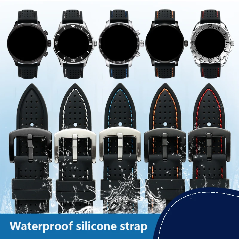 Soft Waterproof Breathable Silicone Sports watchBand 18mm 20mm 22mm 24mm For any watch men\'s rubber Wrist strap black bracelet