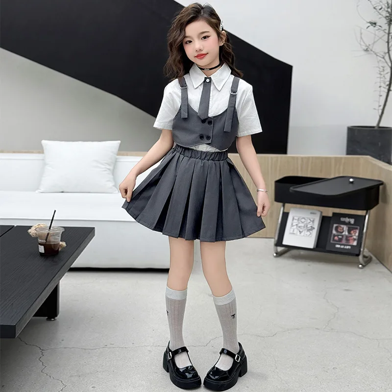 

Летний комплект одежды JK для девочек-подростков, жилет + рубашка с короткими рукавами + плиссированная юбка + галстук, 4 шт., 14 платьев для колледжа для маленьких детей, костюм, детская одежда