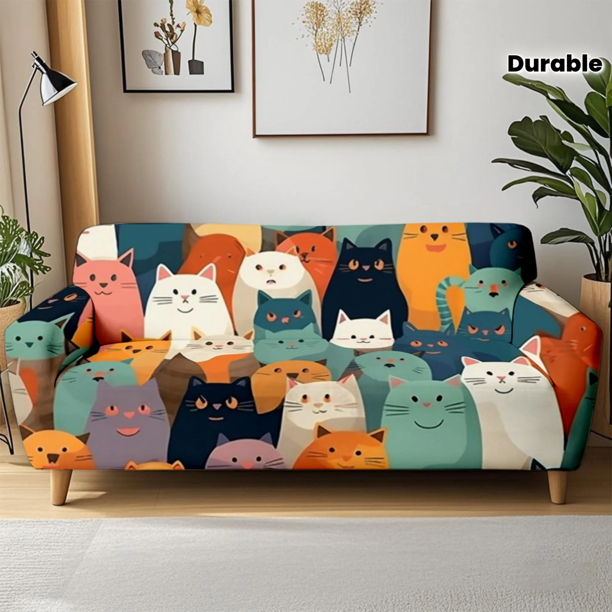 

1pc Cute Colorful Cartoon Cat Print Stretch Sofa Cover, Removable Washable Couch Slipcover for Cat Lover Home Decor