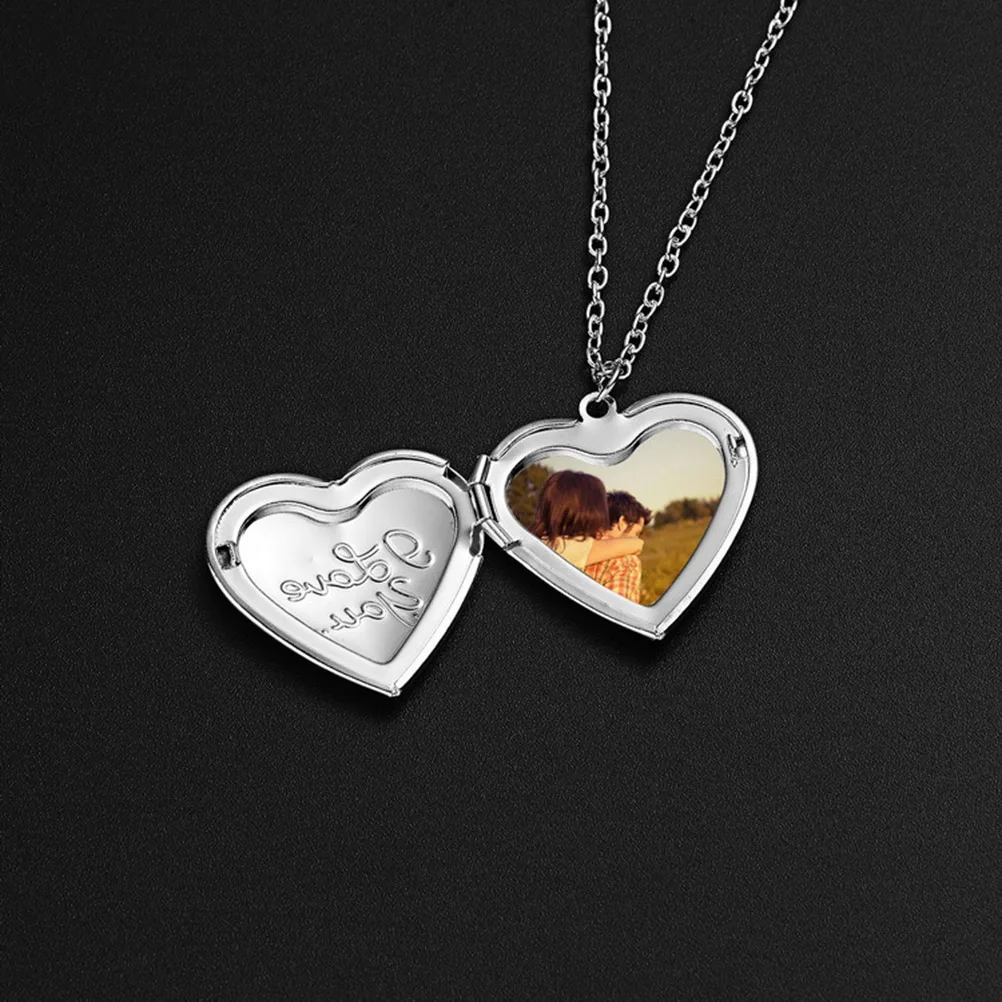 

Photo Frame Necklace Heart Shaped Pendant Silver Color Women Jewelry Gift Valentine Day Accessory Creative Long Chain Elegant