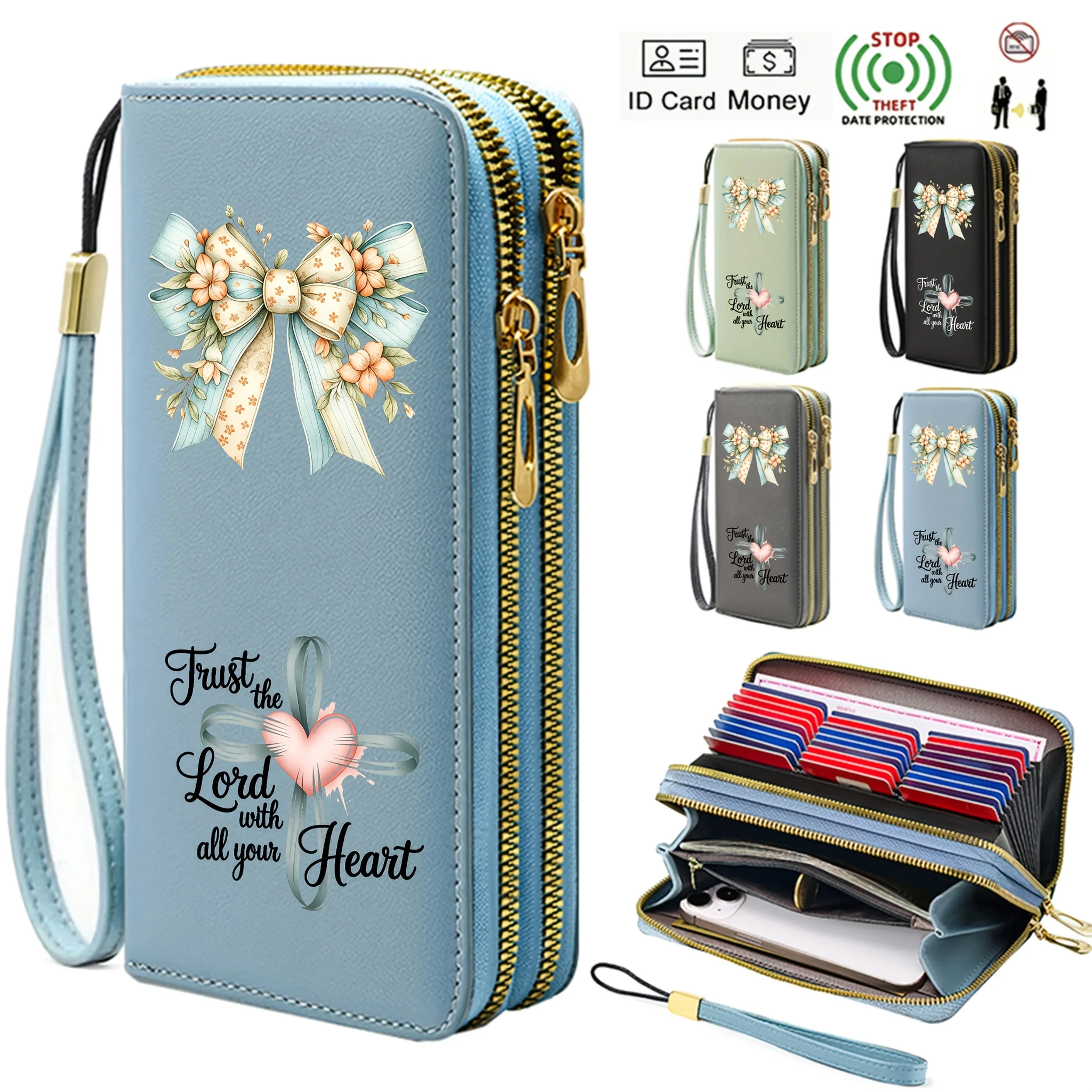 Women's Long Zipper Wristlet Clutch with Multiple Card Slots, Large Capacity ID Wallet, Anti-Demagnetization Card Holder