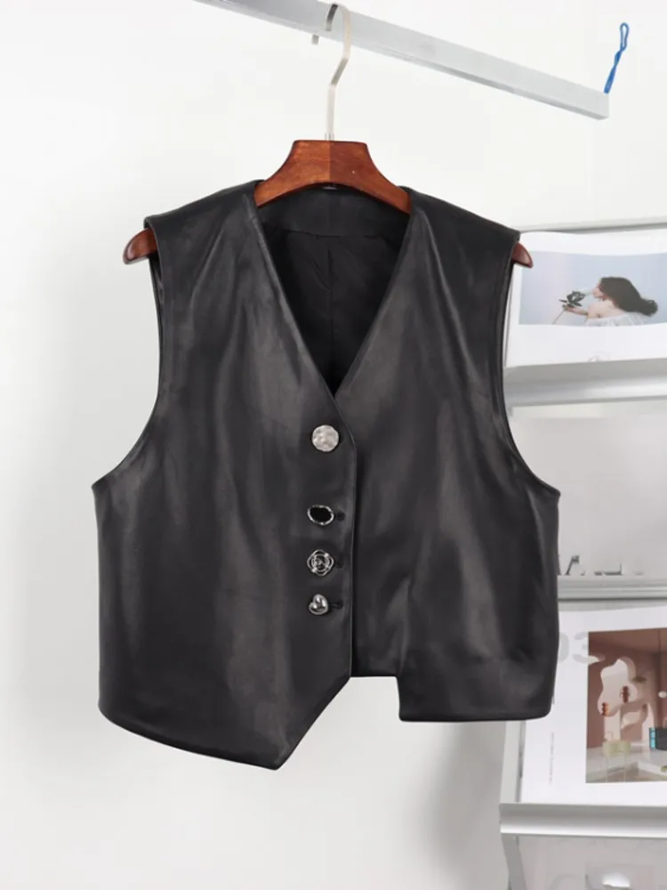 Hot Sale Women V Neck Single Breasted Irregular Vest Top Casual Outwear Sleeveless Jacket Sheepskin Genuine Leather Waistcoat