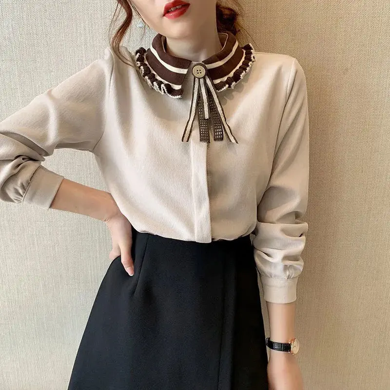 

Vintage Corduroy Shirt Tops Spring Autumn New Long Sleeve Contrast All-match Plus Size Blouse Fashion Temperament Women Clothing