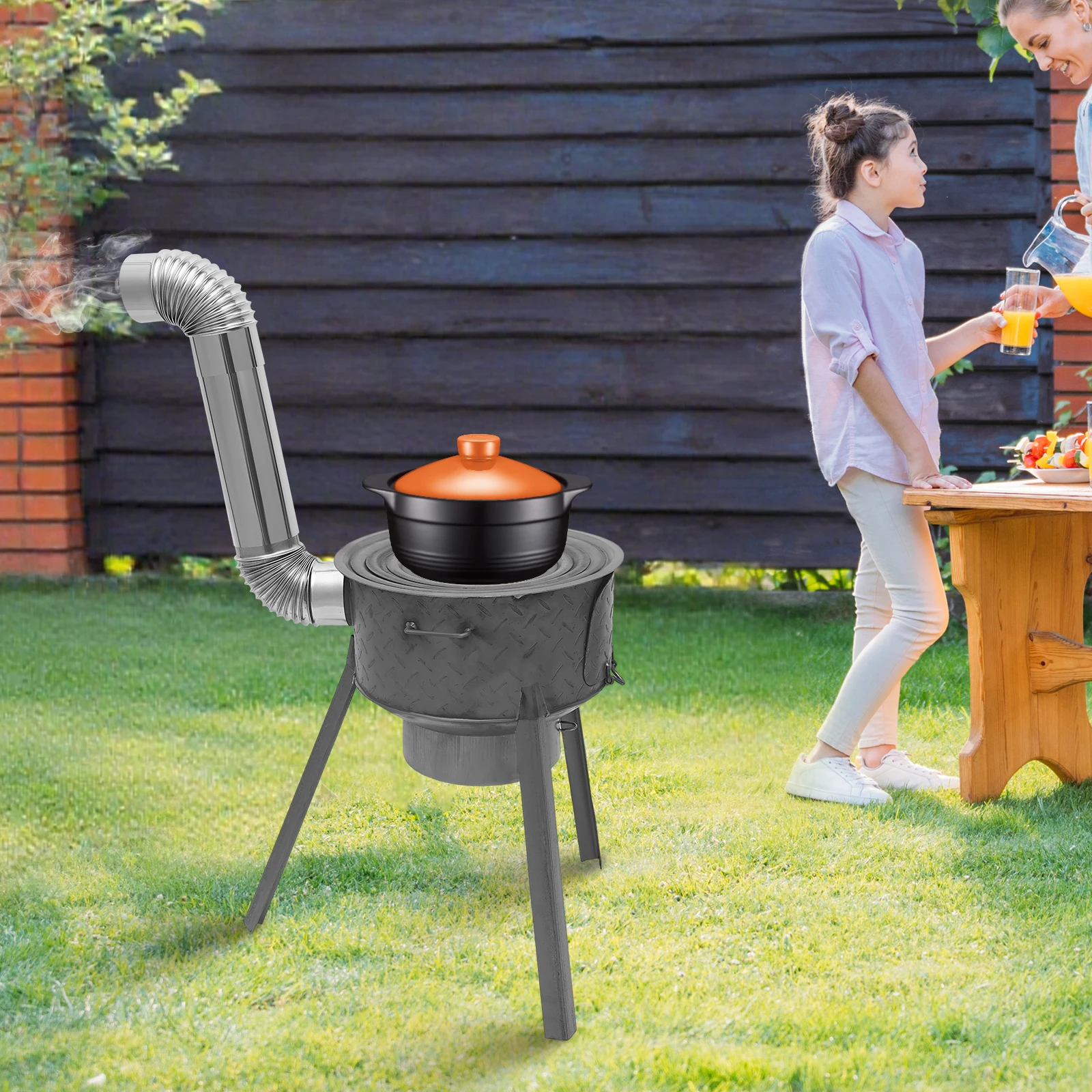 

3 Wok Ring Wood Burning Stove, Portable Outdoor Camping Cooker with Chimney & Grill Grate, 220lbs Capacity, Detachable