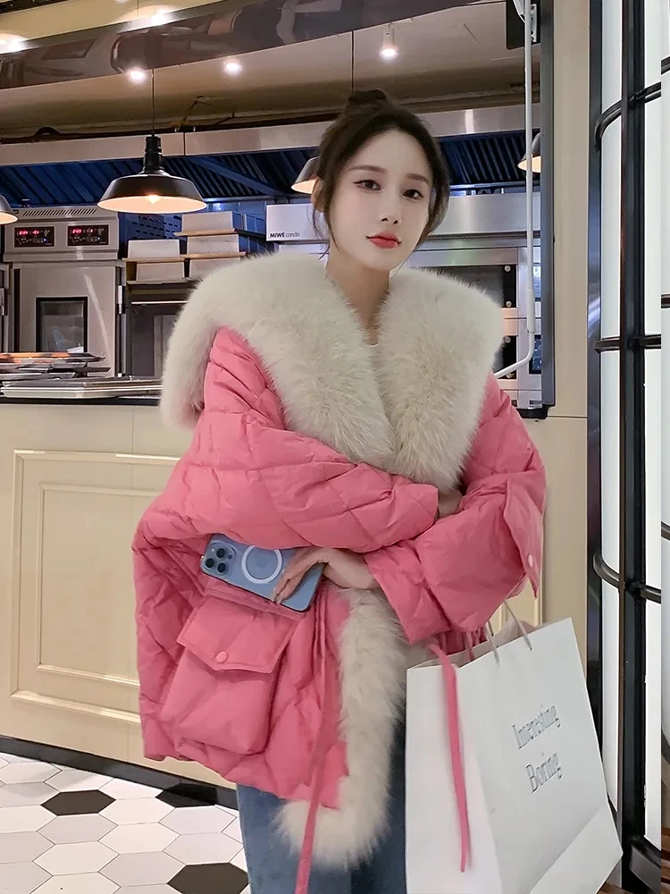 

2025 New Women Winter Imitation Fox Fur Navy Collar Glossy Down Padded Jacket Women Long Cotton Coat Winter Warm Thicken Parkas