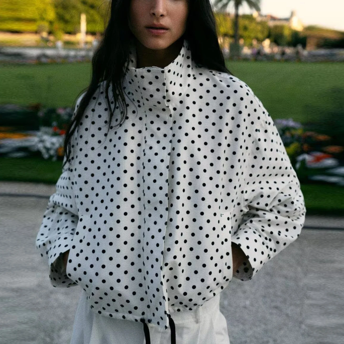 Ele Polka Dot Bubble irt Jaet for Women Summer 2025 Z Polyester Loose Fit Long Sve Zipper Closure Breathable