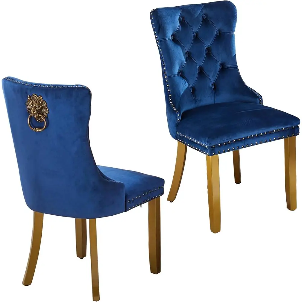 

Luxury Velvet Upholstered Side Chairs with Lion Ring Pull & Bronze Nail Trim, Set of 2, Blue