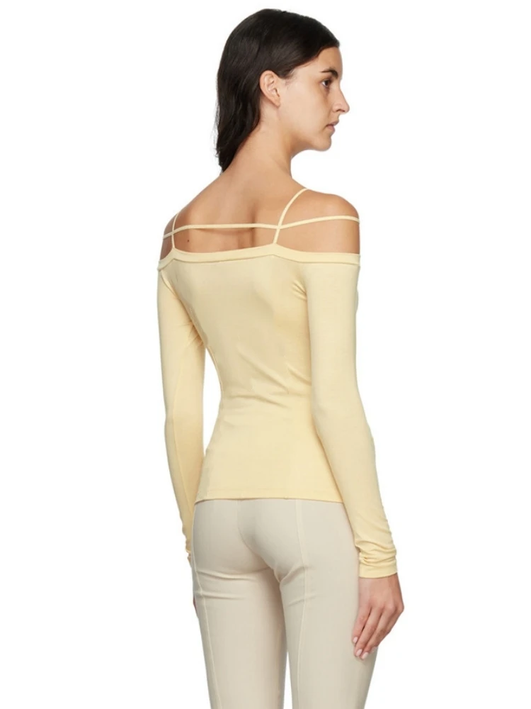 Ja marca design fora do ombro letras de metal manga comprida algodão elasticidade camiseta para mulher magro ajuste tshirt roupas superiores