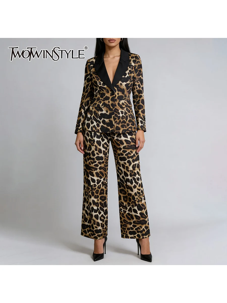 

TWOTWINSTYLE модные леопардовые комплекты из двух предметов для женщин, туника с лацканами и длинными рукавами, блейзер, широкие брюки, комплект женской осенней одежды