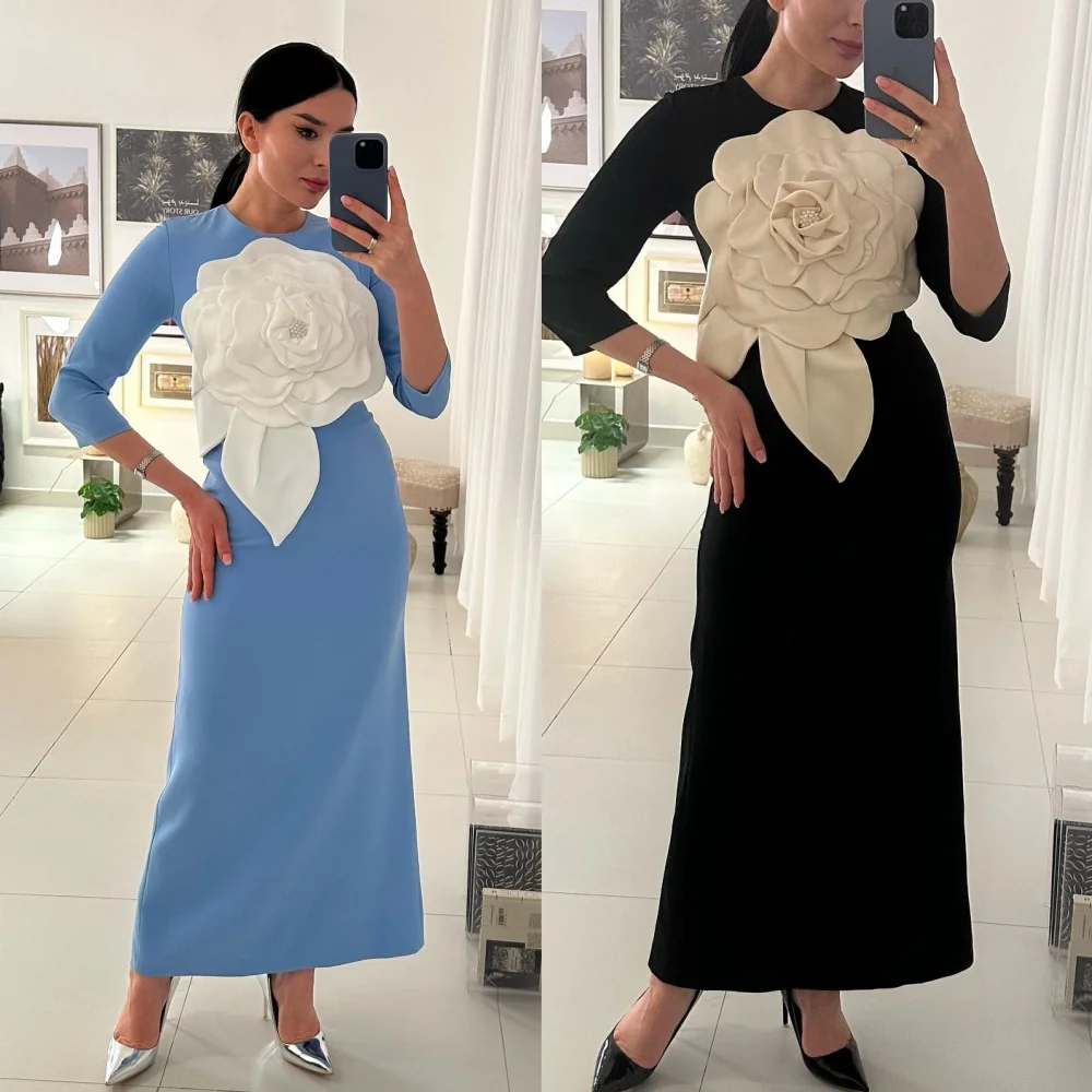 Jersey Flower Pleat Celebrity A-line O-Neck Bespoke Occasion Gown Midi Dresses Saudi Arabia Evening