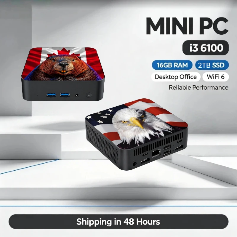 Compact Mini PC Intel Core i3-6100 16GB DDR4 2TB SSD 4K HD WiFi6 BT 5.2 Multi-Style Shell for Study Use New 2026 USA Canada Flag