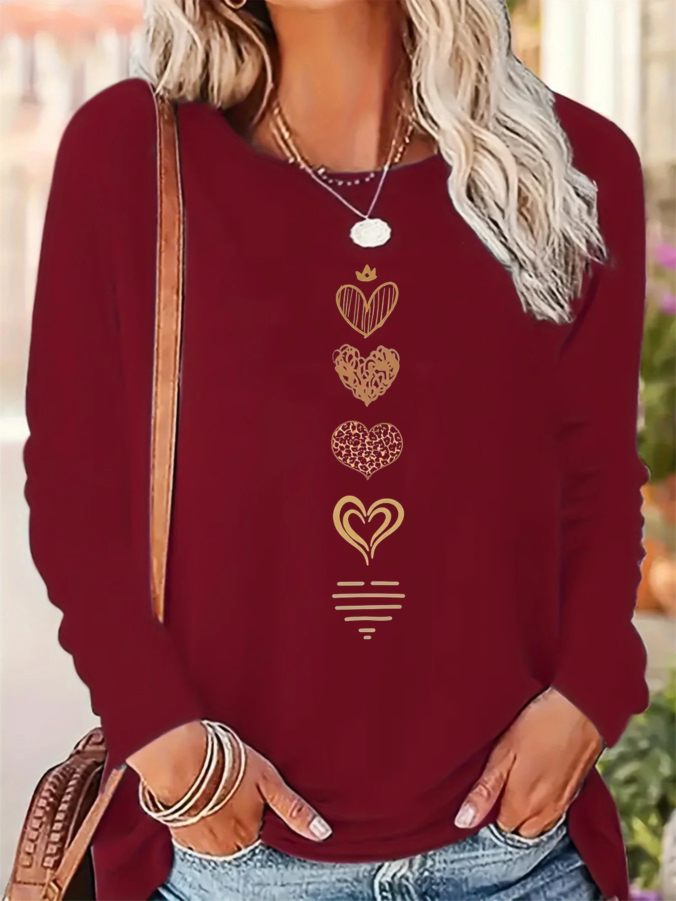 Women's Autumn and Winter 100% Pure Cotton Fashionable Casual Loose Heart-Shaped Pattern Printed Round Neck Long Sleeved T-Shirt