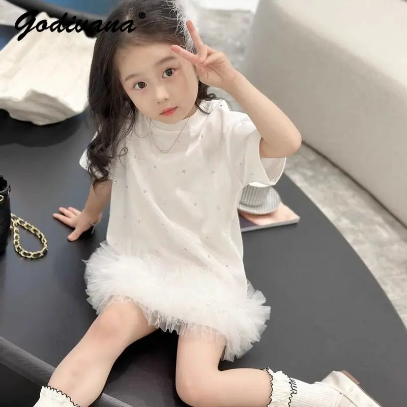 2026 Summer New Girls Korean White Tulle Princess Dress Kids Fashion Short Sleeve O-neck Mesh Patchwork Rhinestone Casual Dress
