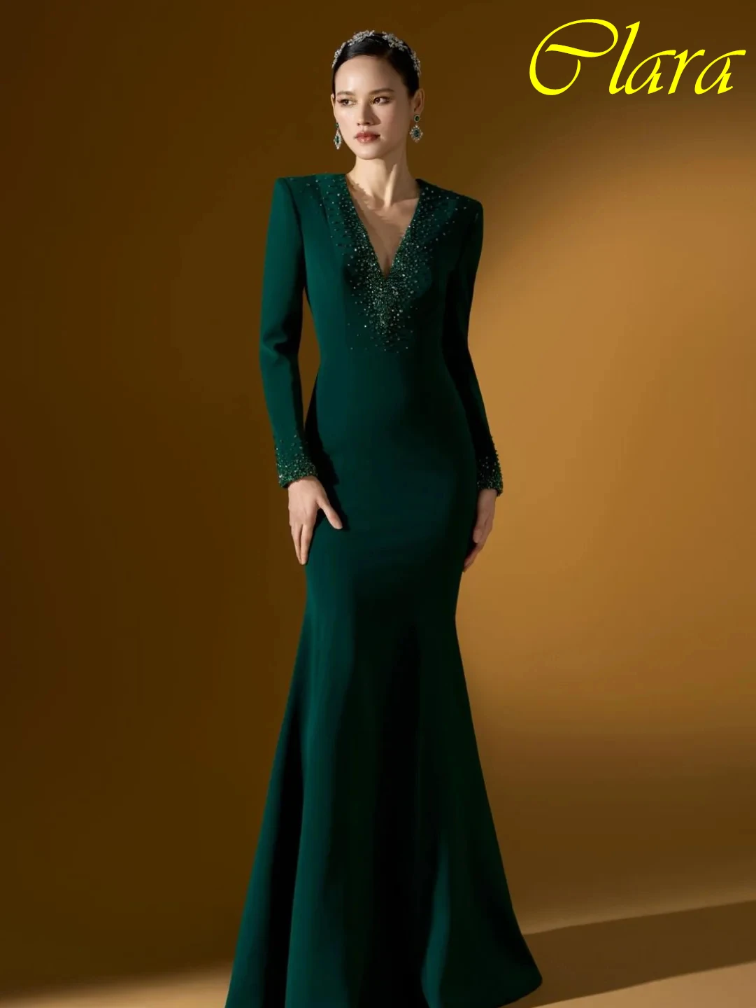 

Customized Mermaid V-Neck Long Sleeves Elegant Formal Evening Dress Delicate Bespoke Occasion Gowns Fashion Modern Prom Dress