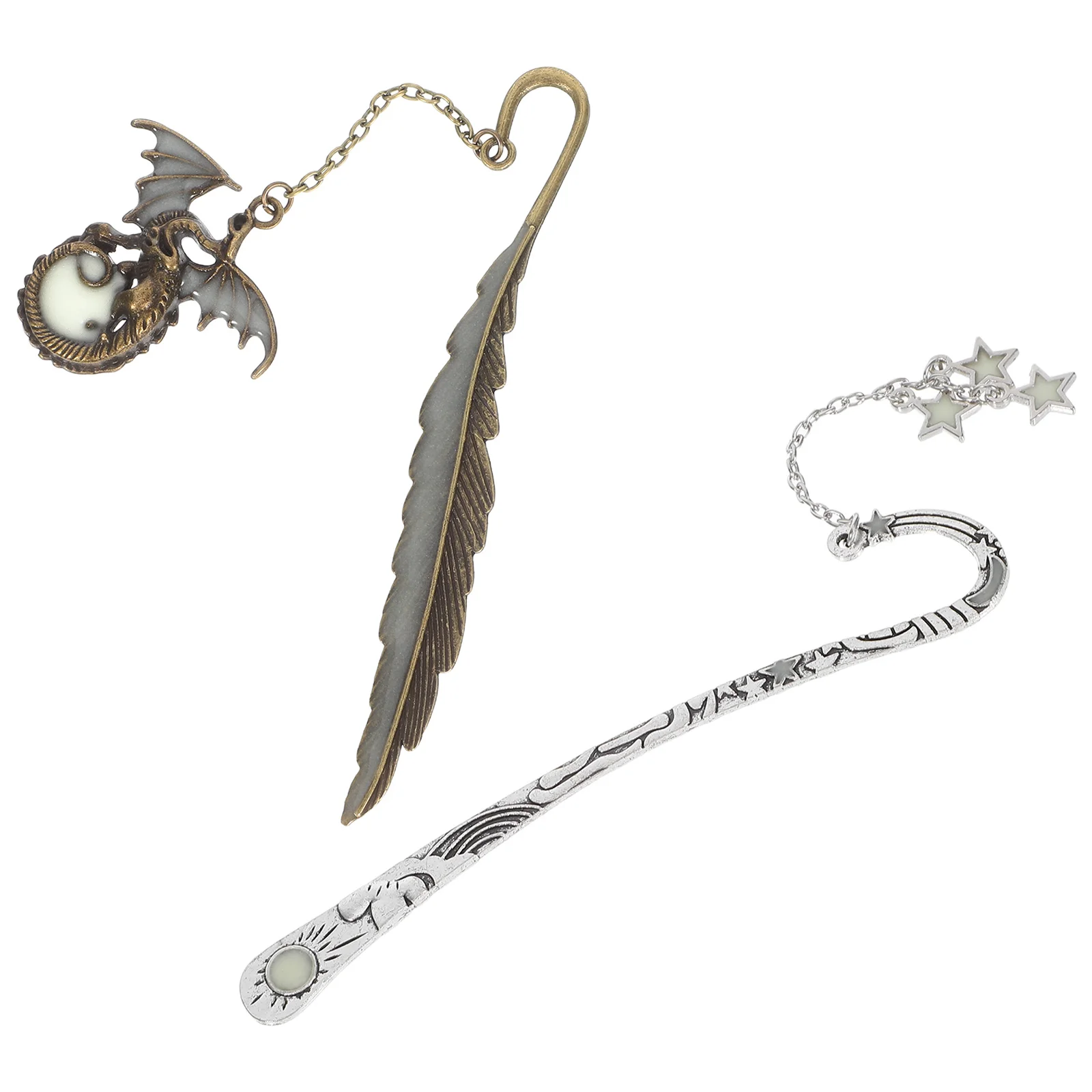 

2pcs Glow In The Dark Bookmark Metal Pendant Luminous Dragon Star Design Hook Chain Reading Accessory For Night Vintage Iron
